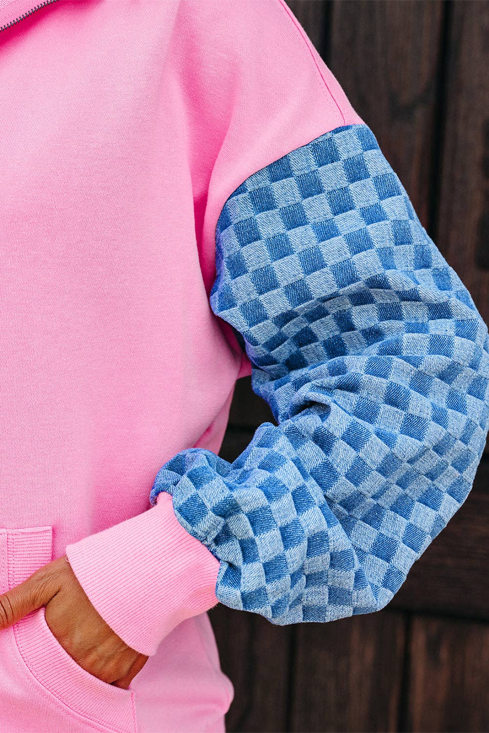 Bonbon Checkered Patchwork Half Zip Hoodie with Pocke