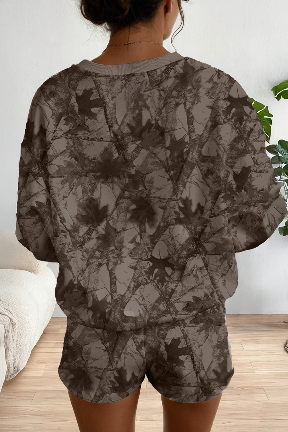 Brown Camouflage Print Drop Sleeve Lougewear Shorts Set