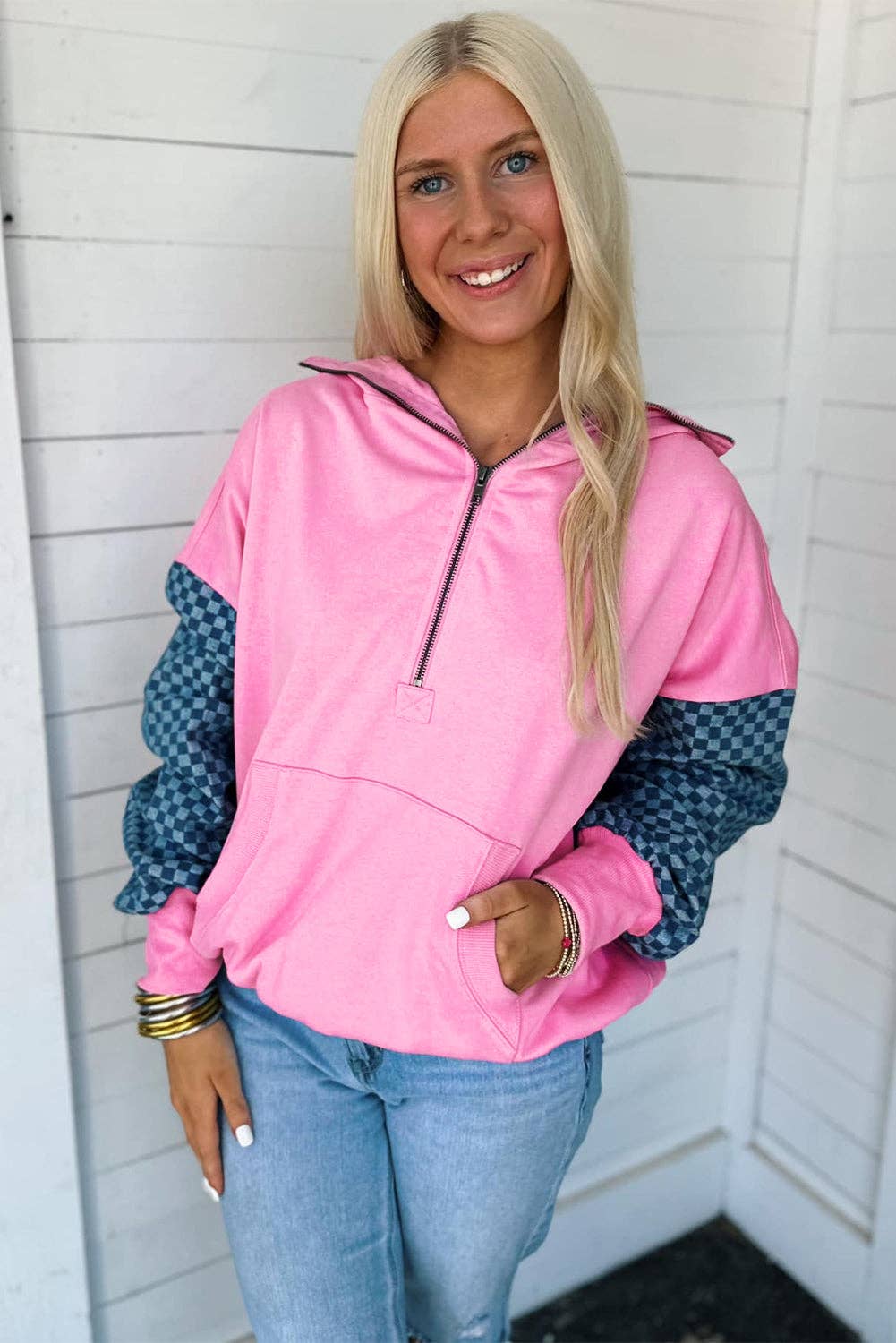Bonbon Checkered Patchwork Half Zip Hoodie with Pocke