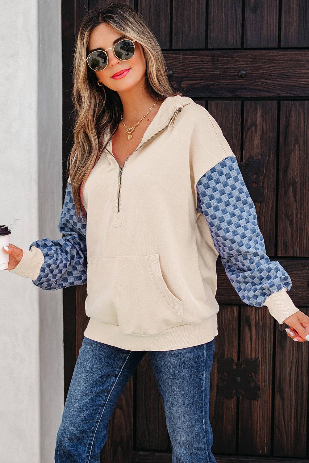 Bonbon Checkered Patchwork Half Zip Hoodie with Pocke