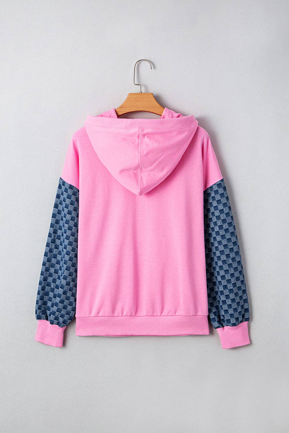 Bonbon Checkered Patchwork Half Zip Hoodie with Pocke