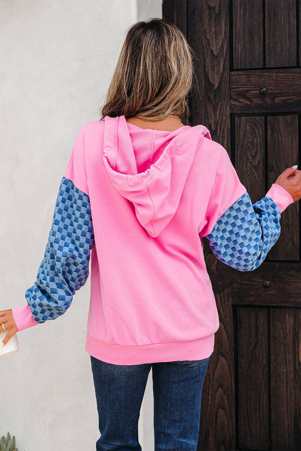 Bonbon Checkered Patchwork Half Zip Hoodie with Pocke