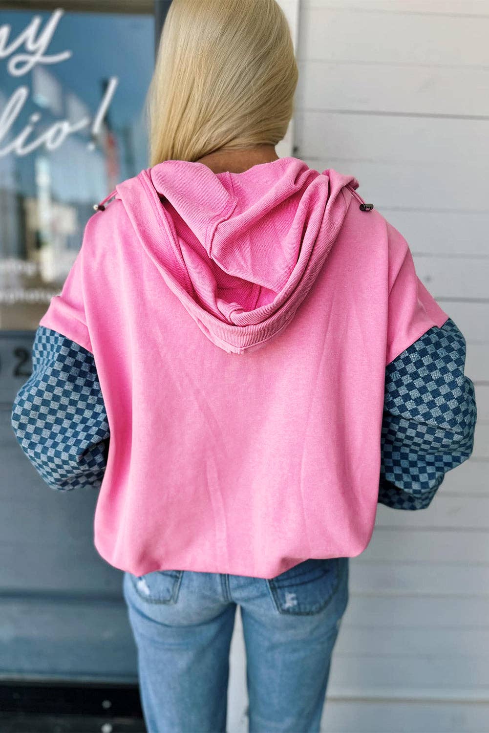 Bonbon Checkered Patchwork Half Zip Hoodie with Pocke