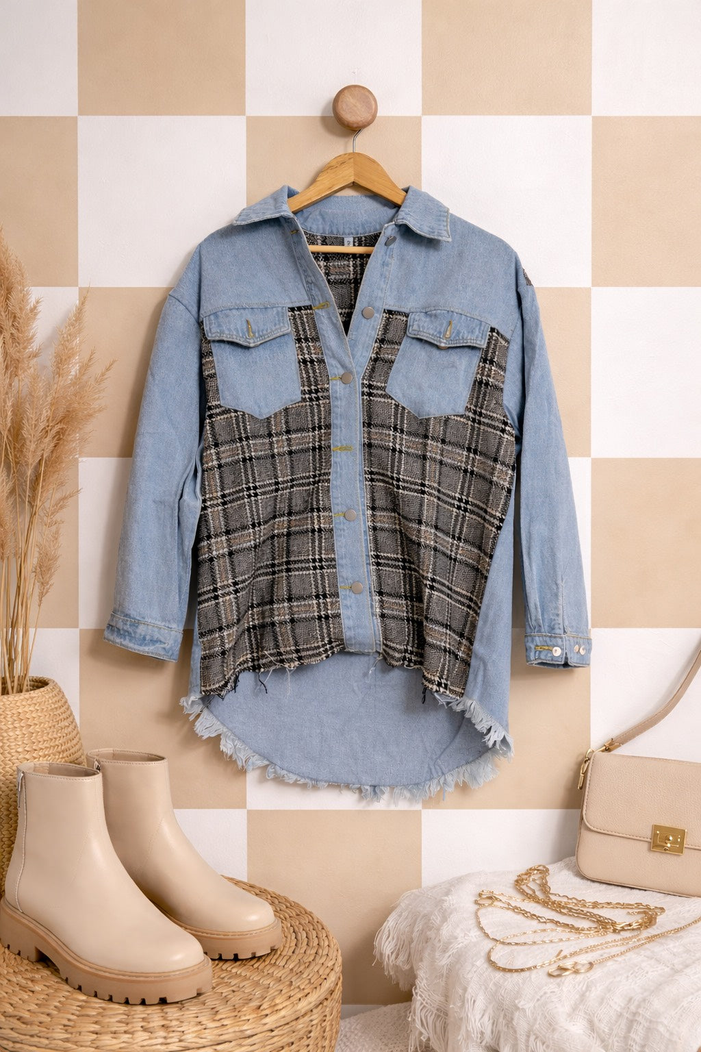 Color Block Plaid Shacket - Oversized Denim Shirt Jacket