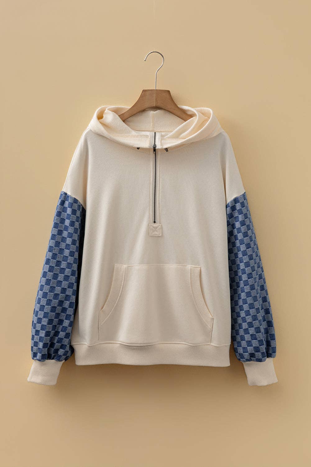 Bonbon Checkered Patchwork Half Zip Hoodie with Pocke