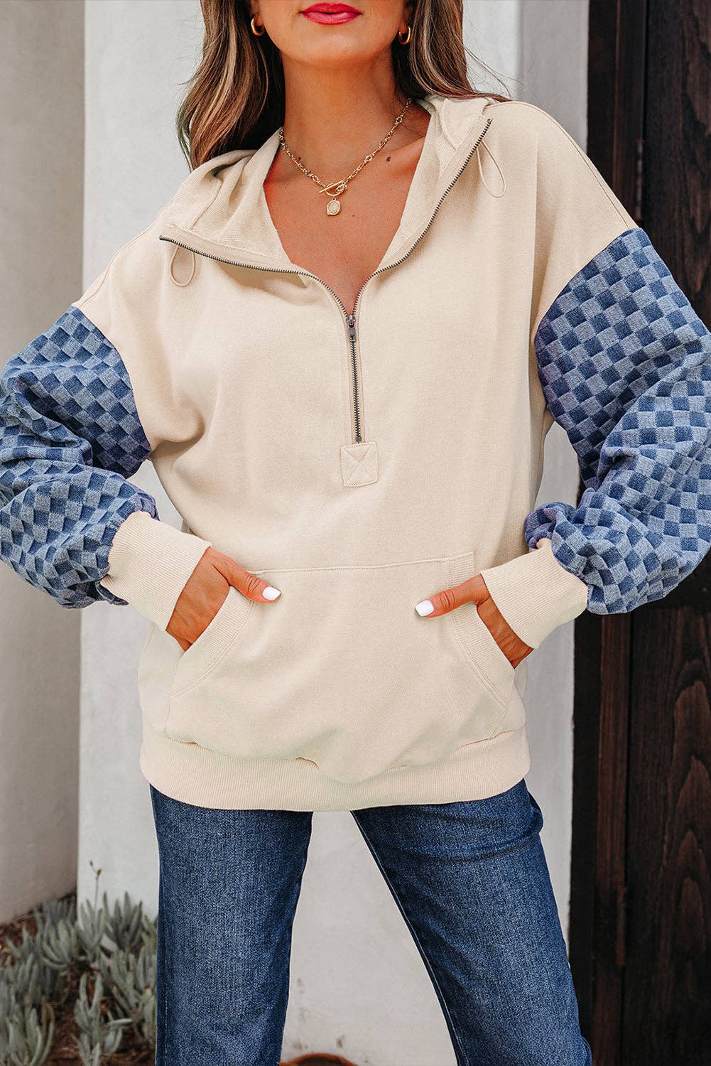 Bonbon Checkered Patchwork Half Zip Hoodie with Pocke
