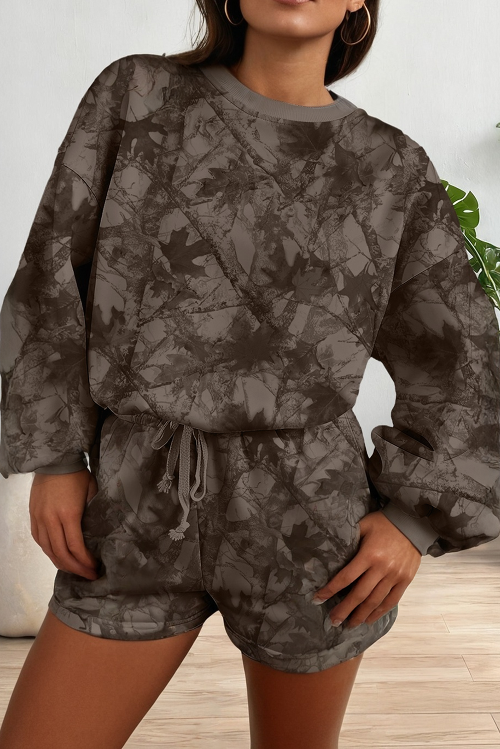 Brown Camouflage Print Drop Sleeve Lougewear Shorts Set