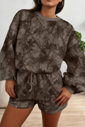 Brown Camouflage Print Drop Sleeve Lougewear Shorts Set