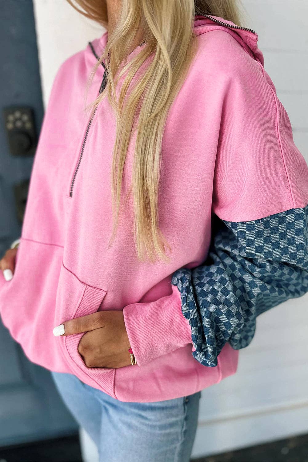 Bonbon Checkered Patchwork Half Zip Hoodie with Pocke