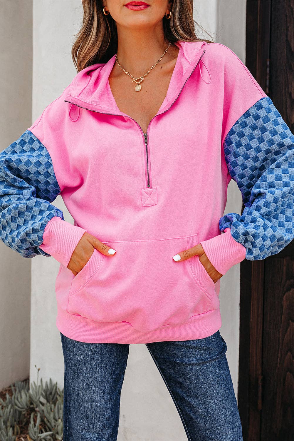 Bonbon Checkered Patchwork Half Zip Hoodie with Pocke