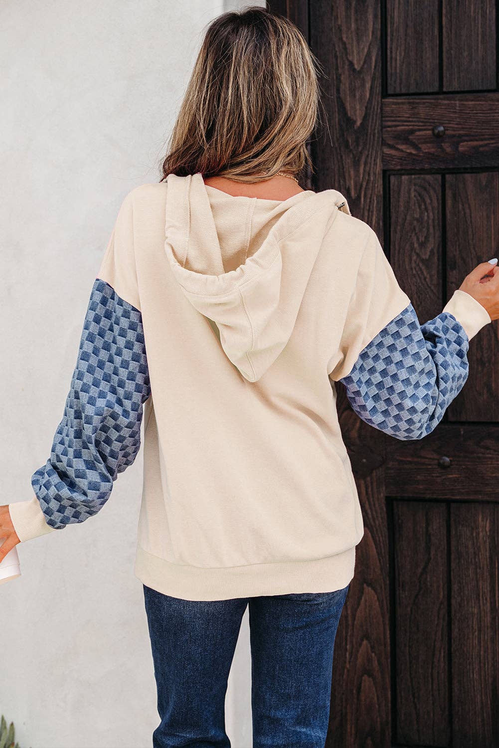 Bonbon Checkered Patchwork Half Zip Hoodie with Pocke