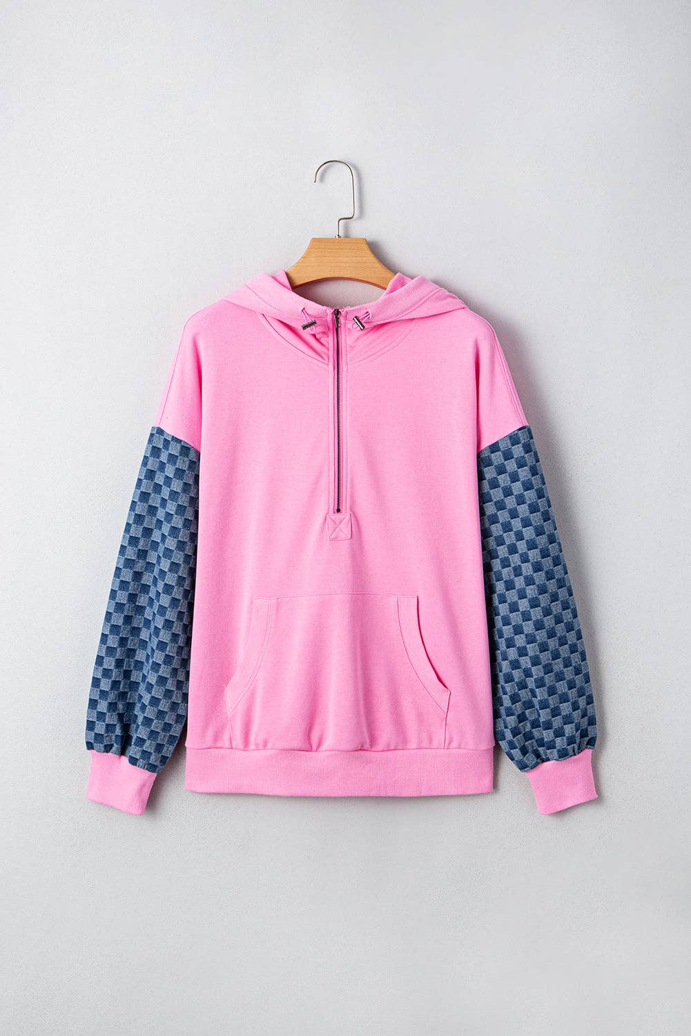 Bonbon Checkered Patchwork Half Zip Hoodie with Pocke